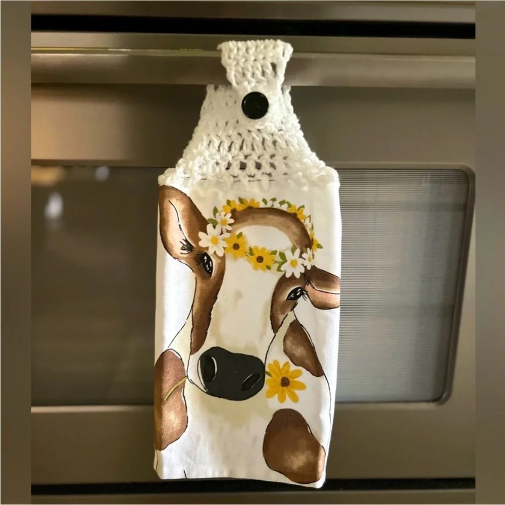 Hand Crafted Colorful Cow Print Hanging Hand Towel Crochet Top Button Closure - Picture 1 of 6